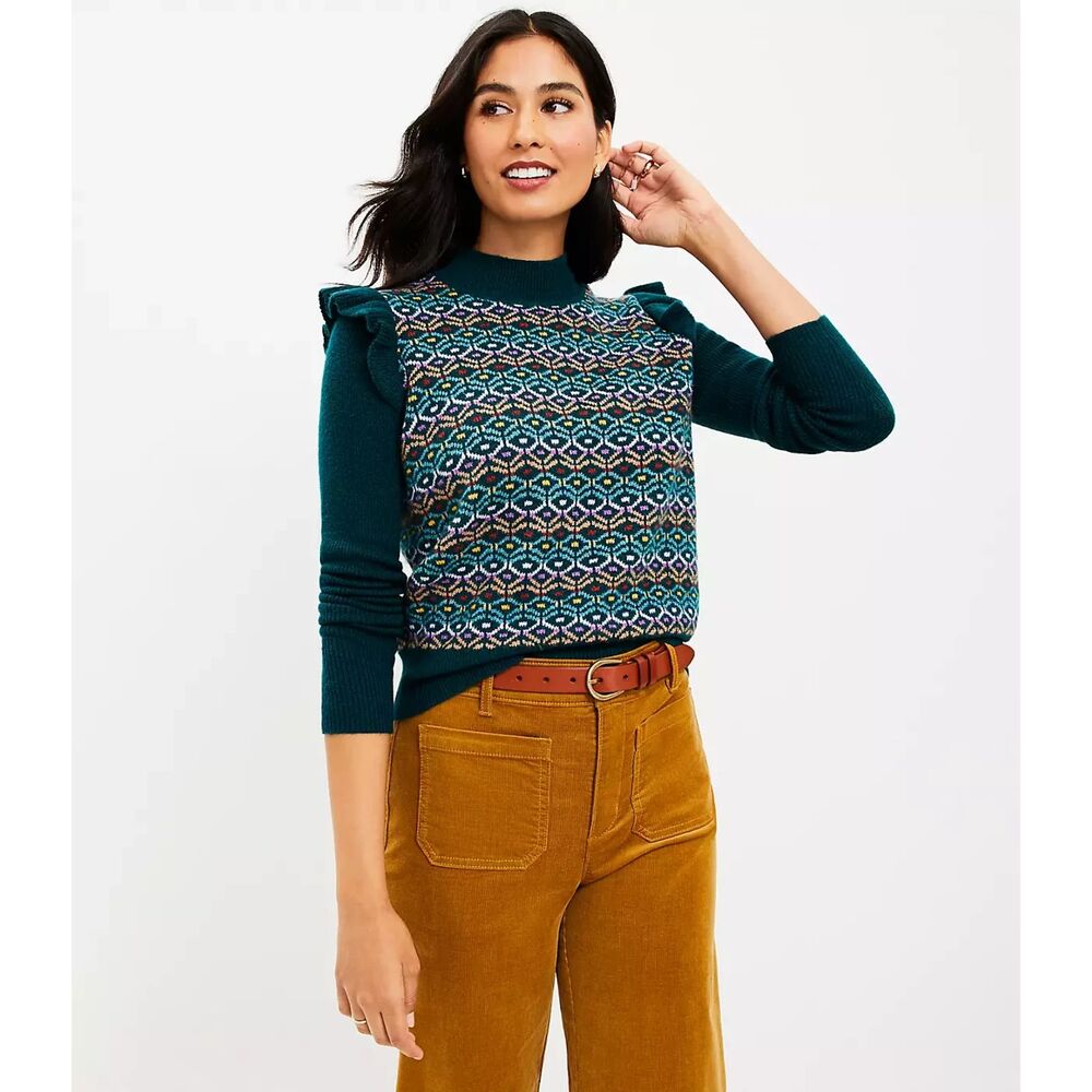 Green Printed LOFT Geo Jacquard Mock Neck Ruffle Shoulder Pullover Sweater (NWT)